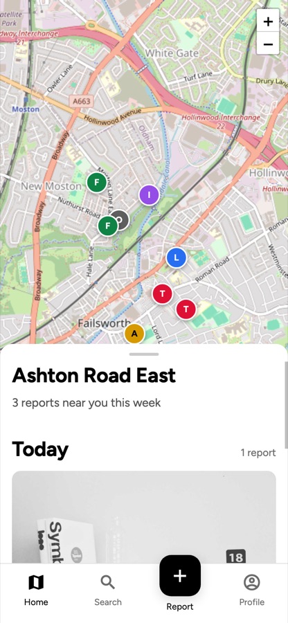 The TownEye home screen: a map of Failsworth with coloured pins for each report, and a list of recent reports sliding up from the bottom.