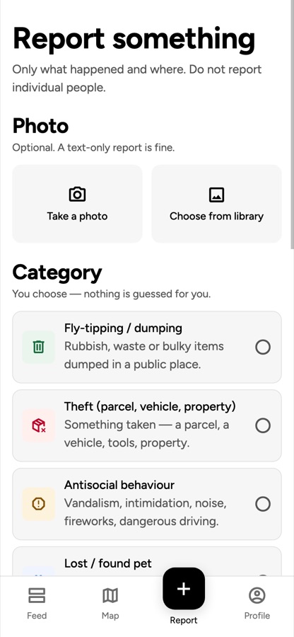 The reporting screen, showing the photo options and the list of six categories to choose from.