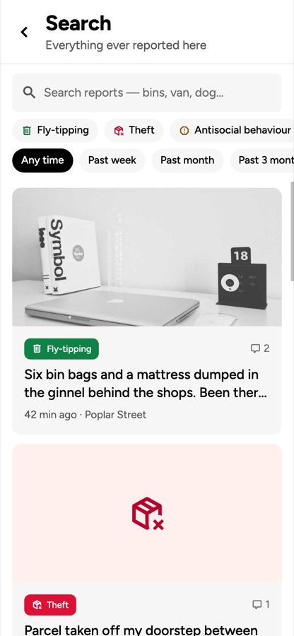 The search screen, filtering past reports by keyword, category and date.